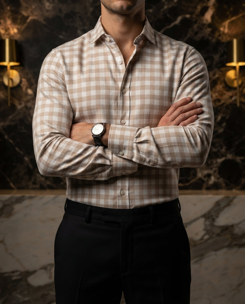 Camisa Hombre Cuadros Beige — Caramel Rust