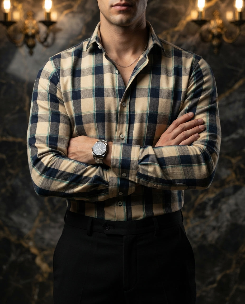 Camisa Hombre Cuadros Beige — Whiskey Tan
