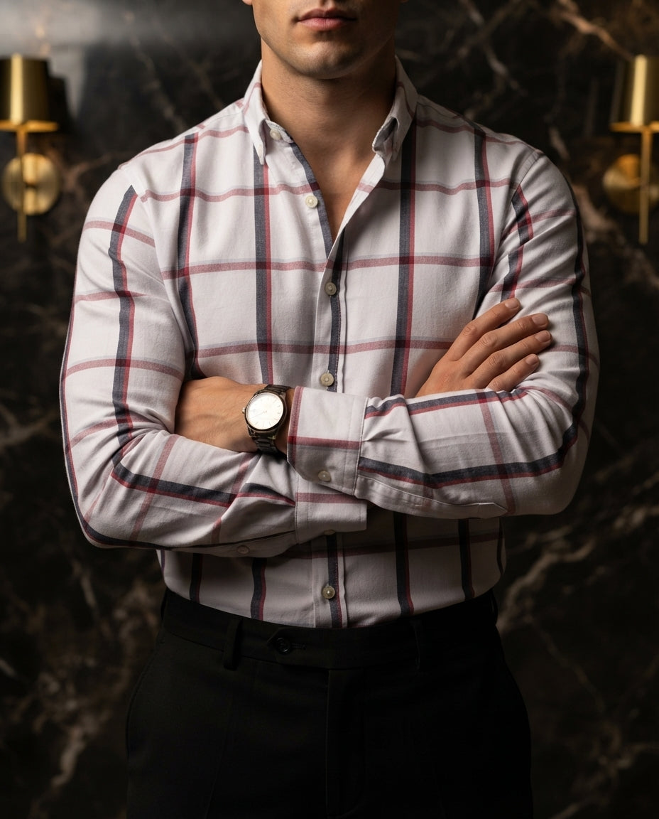 Camisa Hombre Cuadros Blanco — Ivory Sand