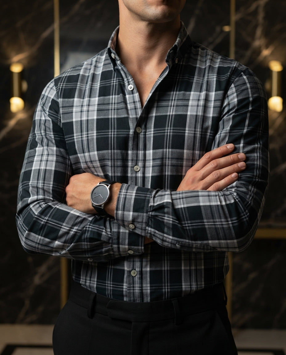 Camisa Hombre Cuadros Gris — Cream Latte