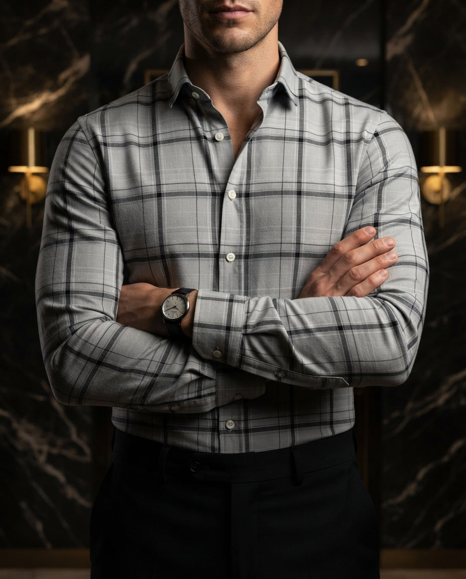 Camisa Hombre Cuadros Gris — Pewter Sky
