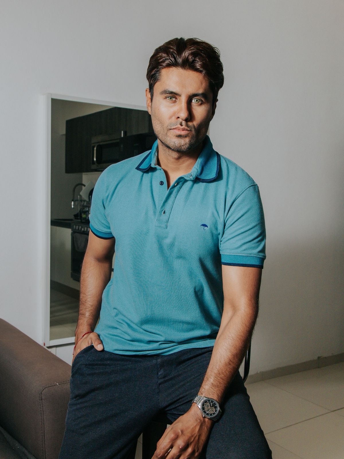 Playera Polo Hombre Slim Fit Verde Agua Detalles Negros - 34 (S)-Tiendas Platino