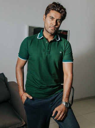 Playera Tipo Polo Hombre Slim Fit Verde Detalles Blancos