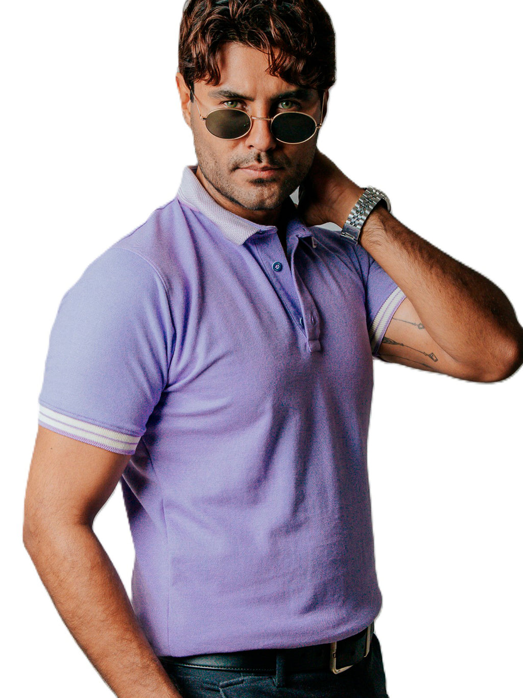 Playera Polo Hombre Casual Lila Detalles Blancos