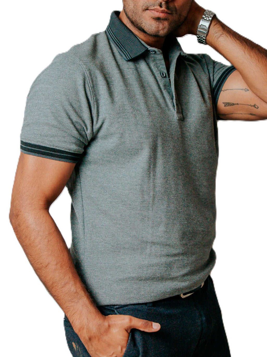 Playera Polo Hombre Casual Gris detalles Negros