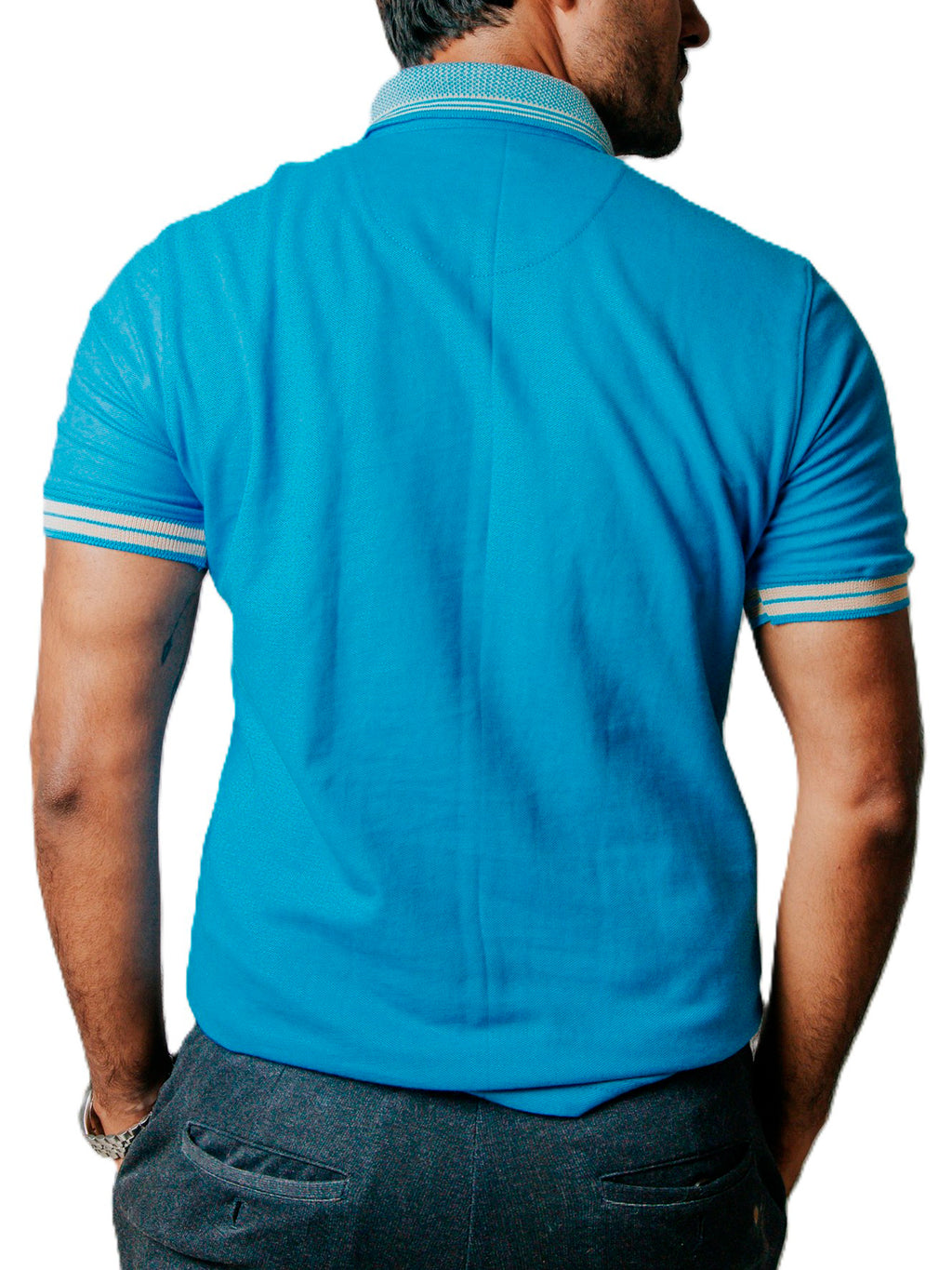 Playera Polo Hombre Casual Azul Cielo detalles Beige