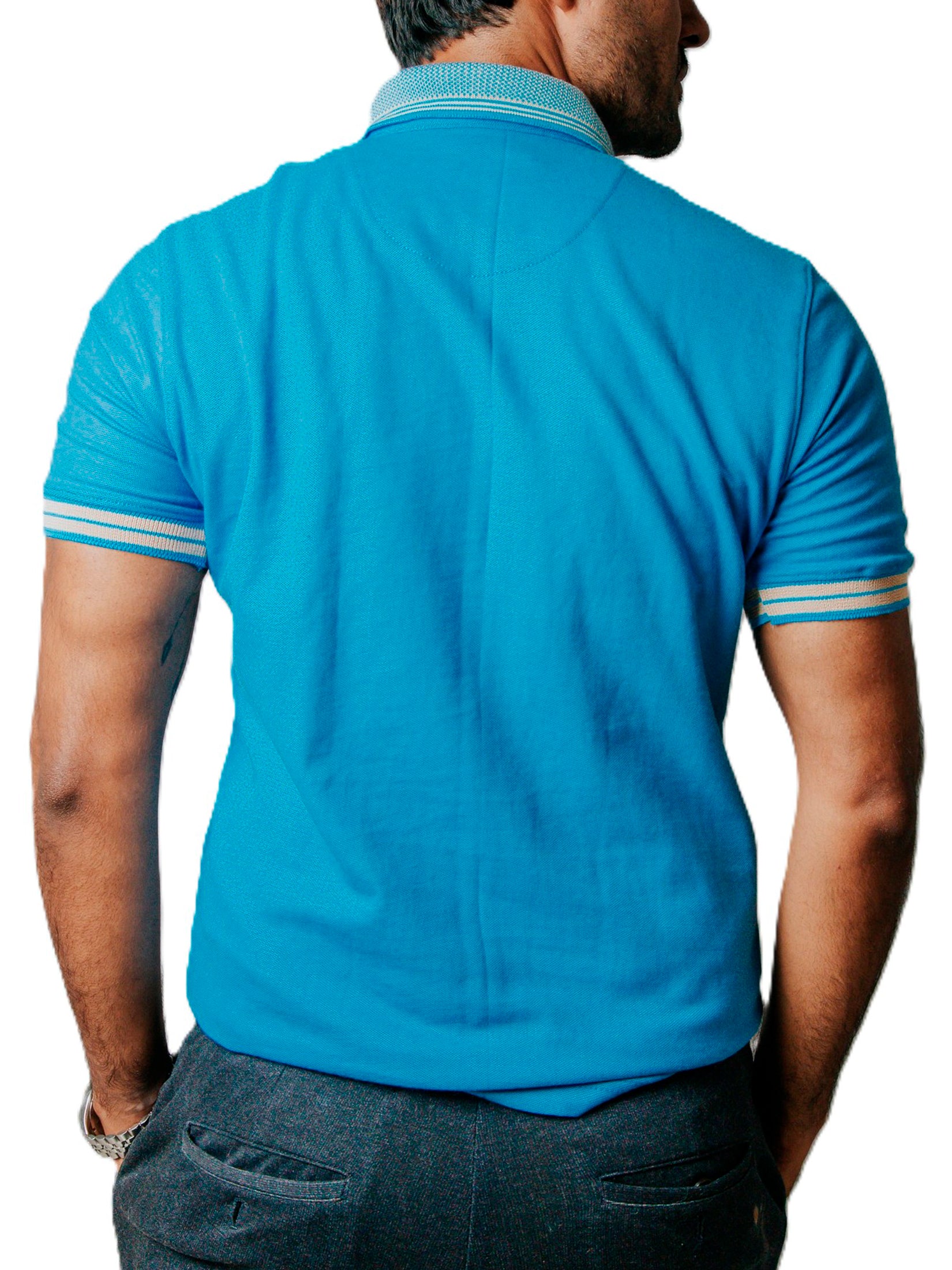 Playera Polo Hombre Casual Azul Cielo detalles Beige