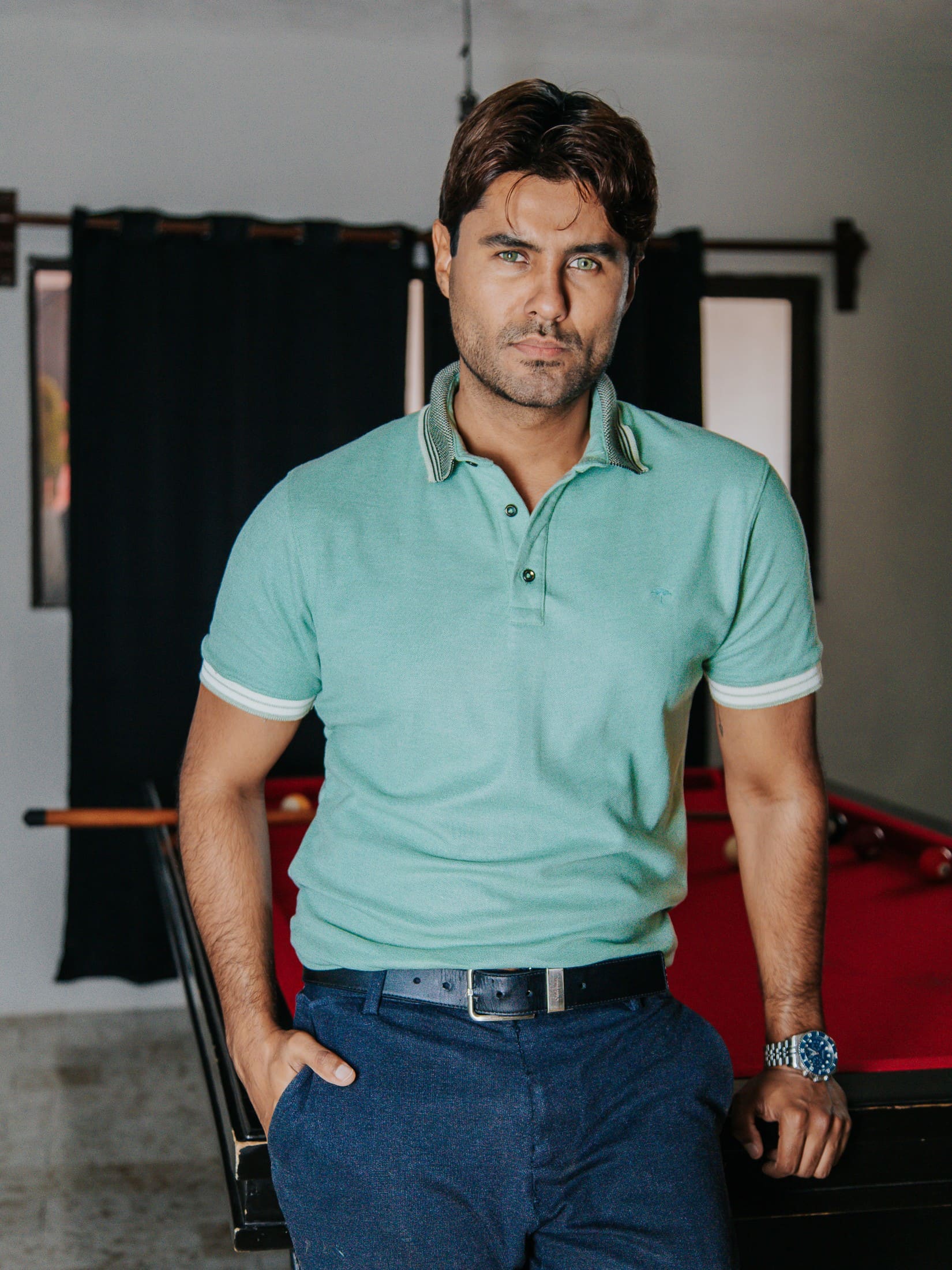 Playera Polo Hombre Slim Fit Verde Pistache Detalles Negro