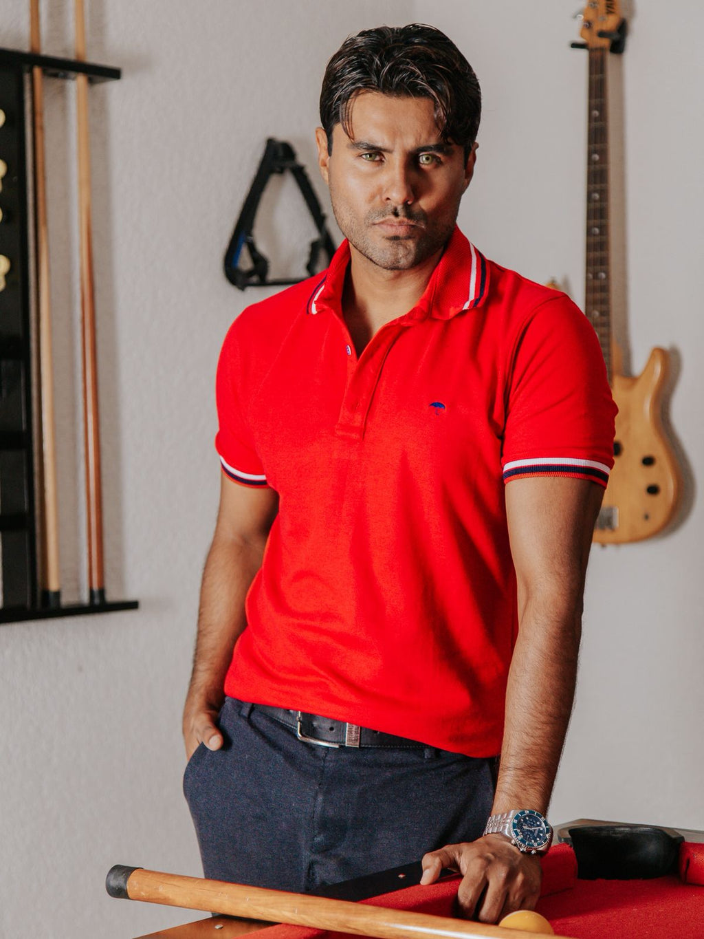 Playera Polo Hombre Slim Fit Roja Detalles Blanco y Negro