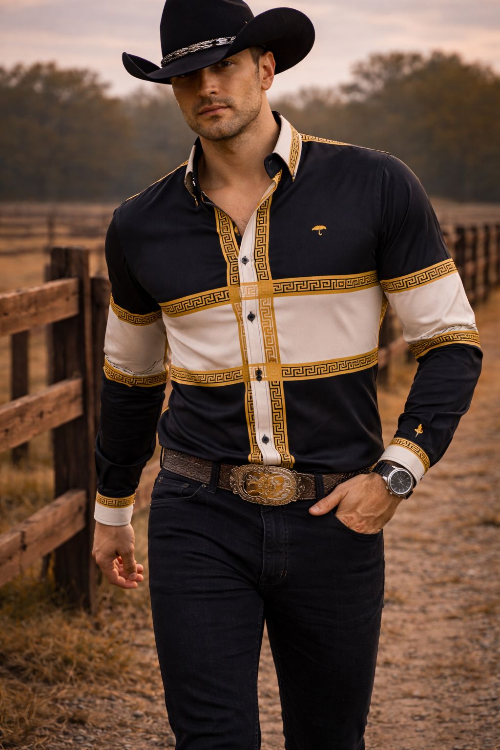 Camisa Hombre Casual Negro Beige Grecas Dorado