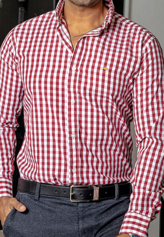 Camisa Hombre Casual Regular Fit Cuadros Grandes Blanco Y Rojo