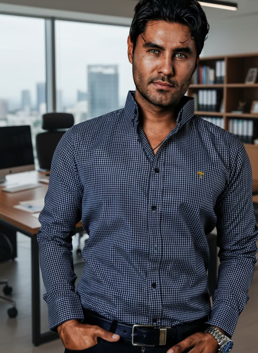 Camisa Hombre Casual Mini Cuadros Azul Marino, Blancos