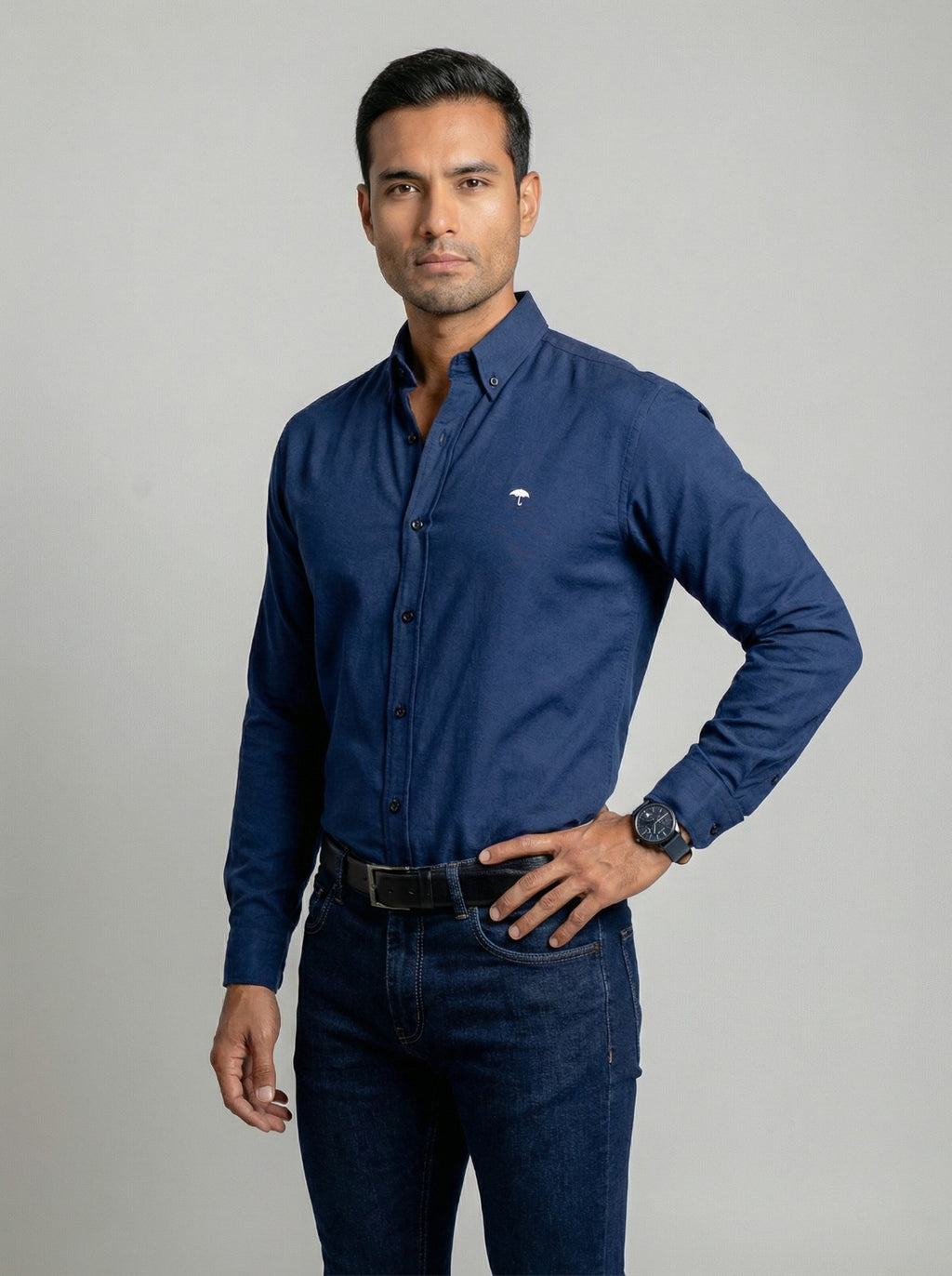 Camisa Hombre Casual Manga Larga Azul Marino Lisa