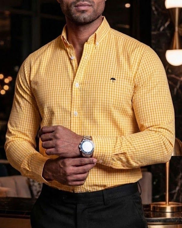 Camisa Hombre Casual Mini Cuadros Amarillos Blancos