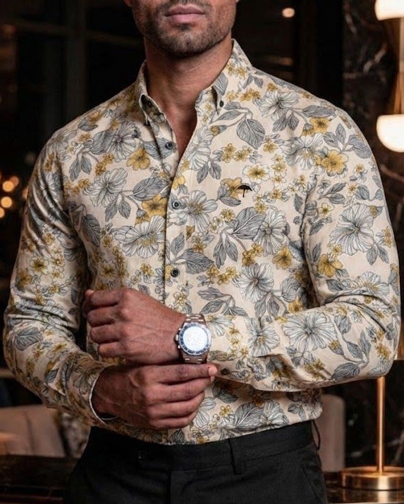 Camisa Hombre Casual Beige Flores Amarillas, Blancas