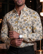 Camisa Hombre Casual Beige Flores Amarillas, Blancas