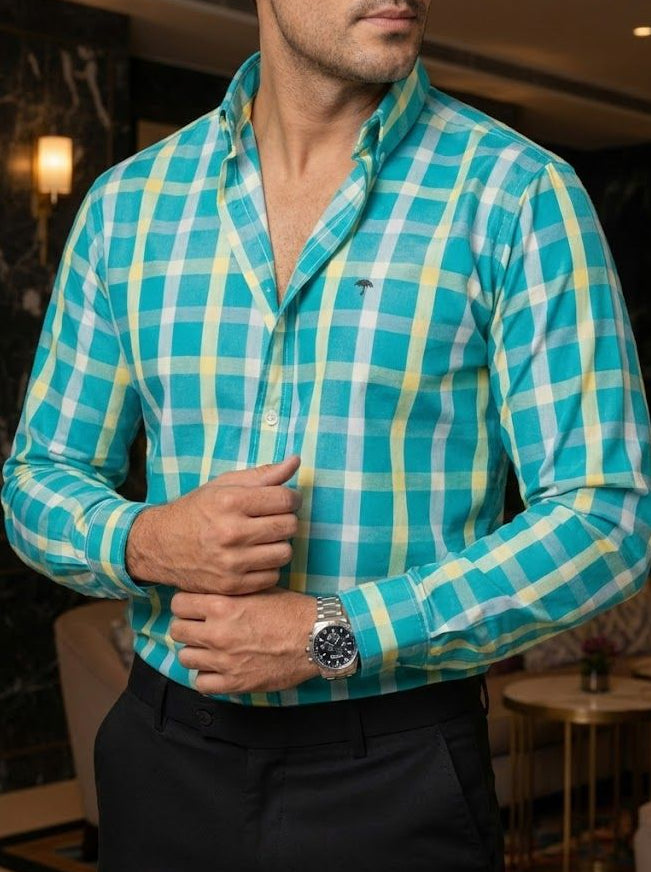 Camisa Hombre Casual Cuadros Verde Blanco y Azul