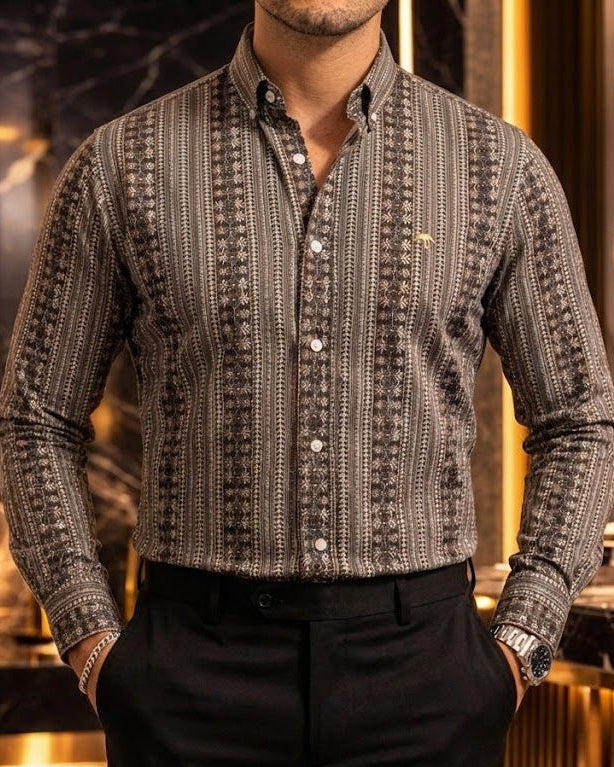 Camisa Hombre Casual Café Mini Flores Blancas