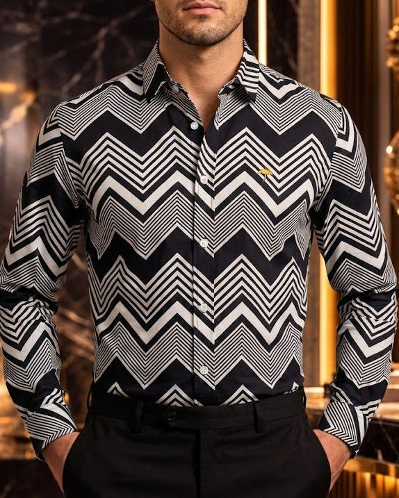 Camisa Hombre Casual Franjas Diagonales Negras, Blancas