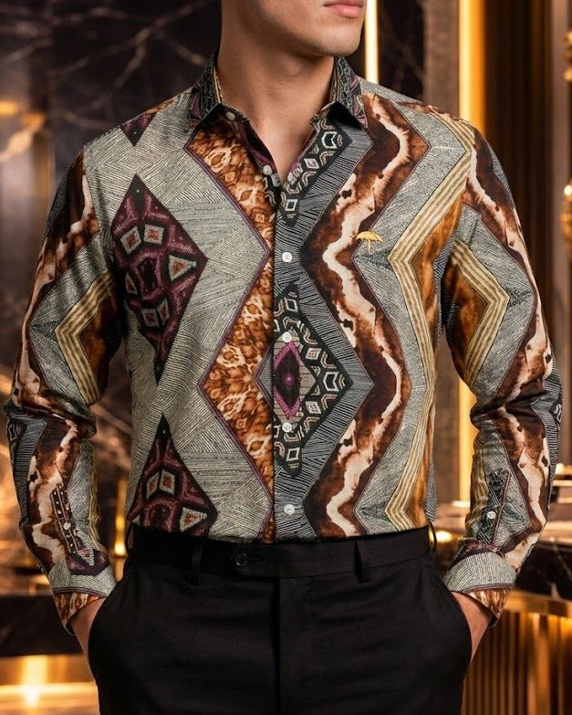 Camisa Hombre Casual Franjas Diagonales Figuras Colores