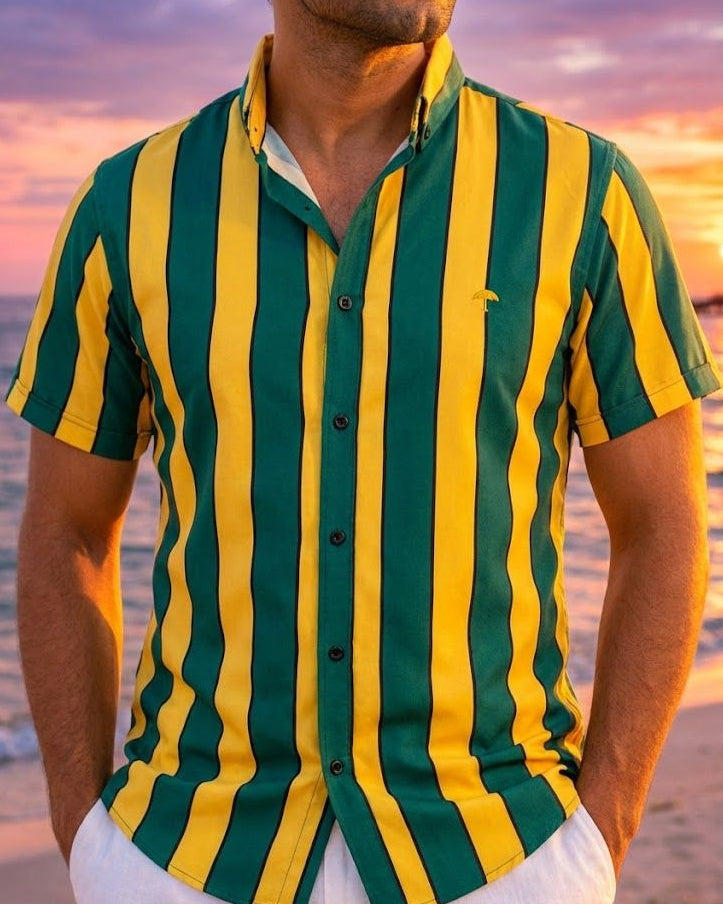 Camisa Hombre Casual Slim Fit Rayas Verdes, Amarillas