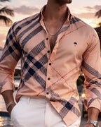 Camisa Hombre Casual Melón Cuadros Azul Marino Línea Roja
