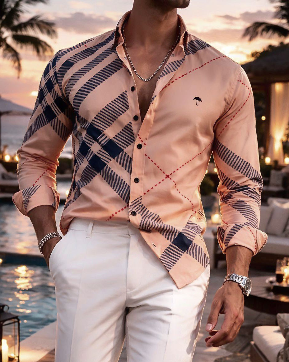 Camisa Hombre Casual Melón Cuadros Azul Marino Línea Roja