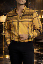 Camisa Hombre Casual Mostaza Grecas Gris y Negro