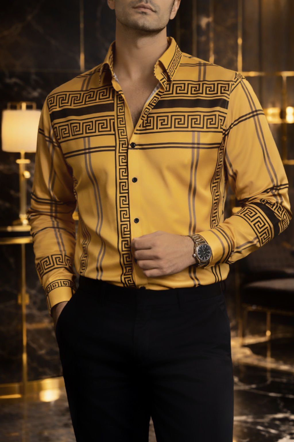 Camisa Hombre Casual Mostaza Grecas Gris y Negro