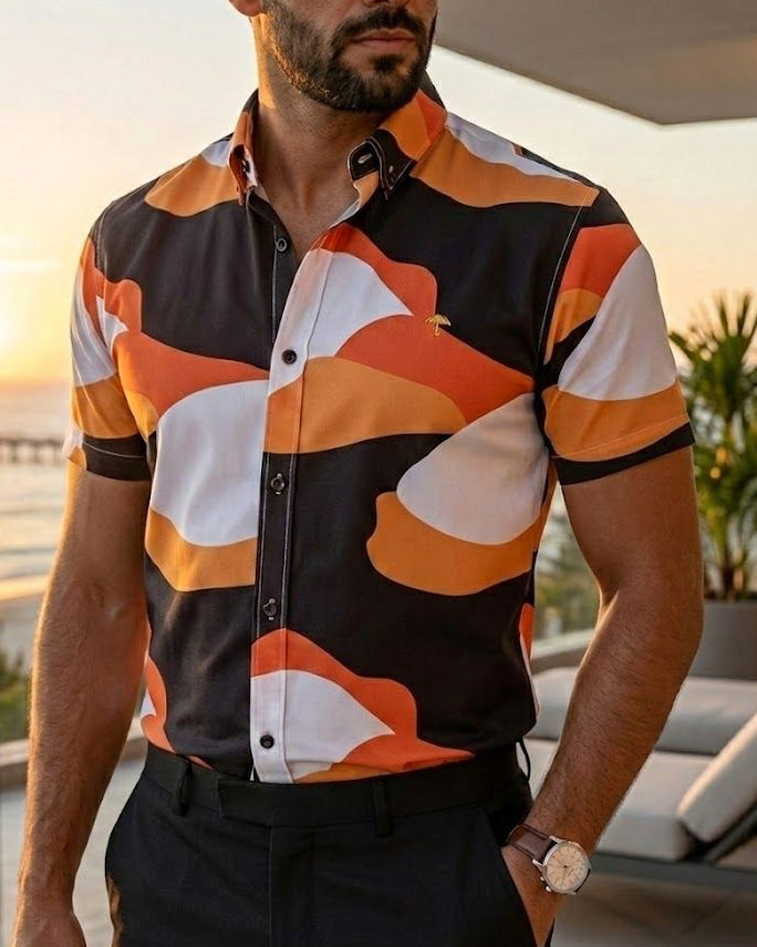 Men's Casual Shirt with Orange, Black, and White Figures