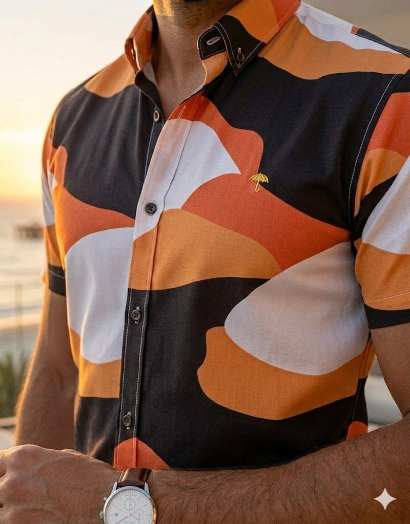 Men's Casual Shirt with Orange, Black, and White Figures