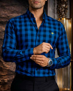 Camisa Casual Hombre Azul Marino Cuadros Negro