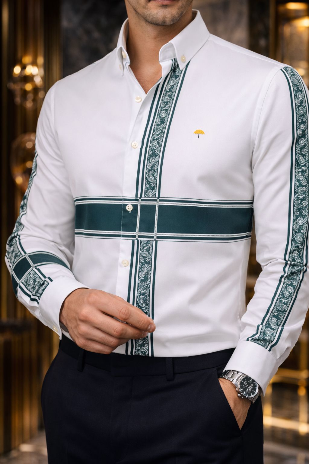 Camisa Hombre Casual Beige Franjas Azul Marino