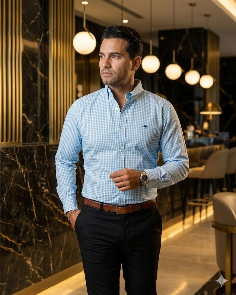 Camisa Hombre Casual Mini Cuadros Azul Blanco