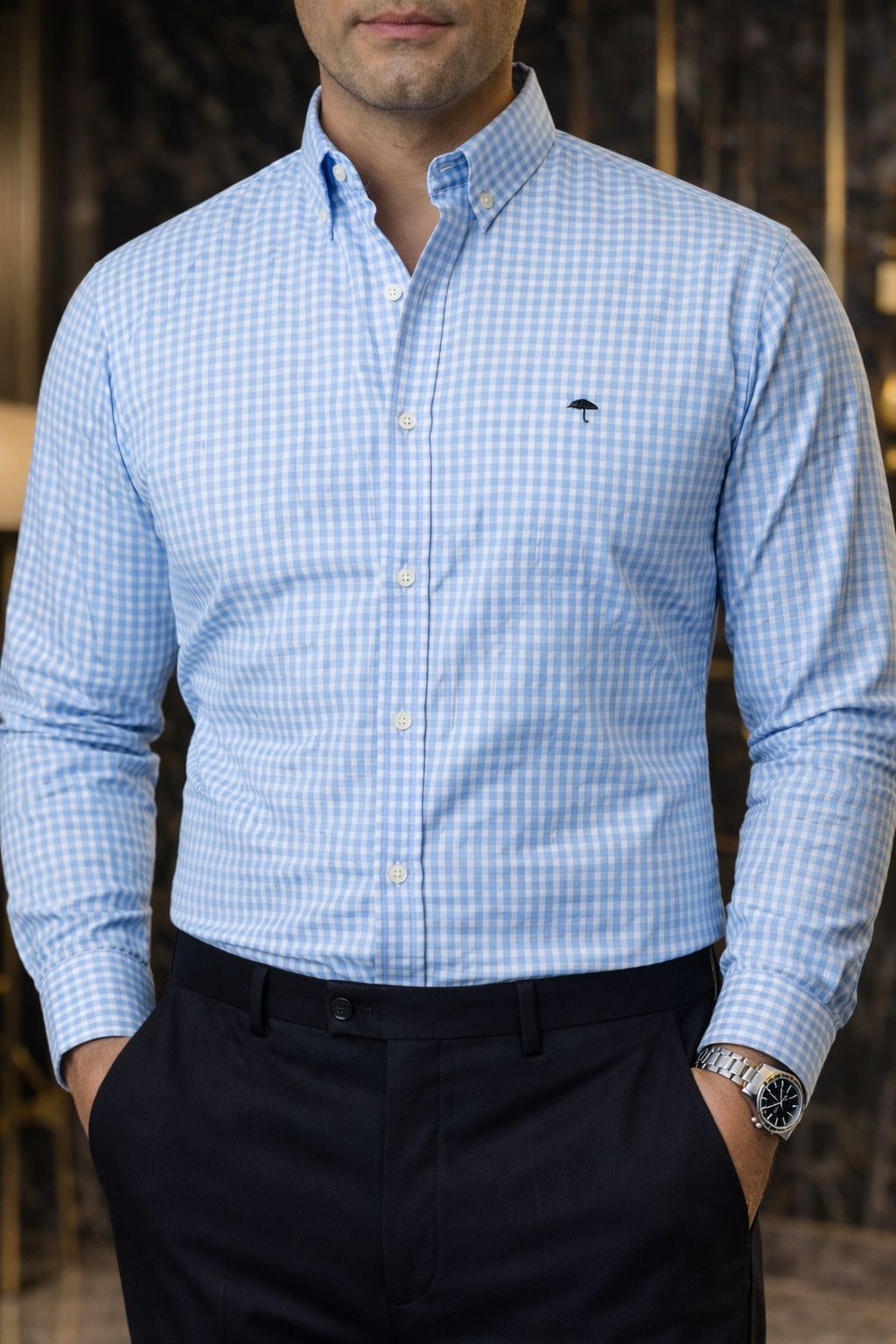 Camisa Hombre Casual Mini Cuadros Azul Blanco