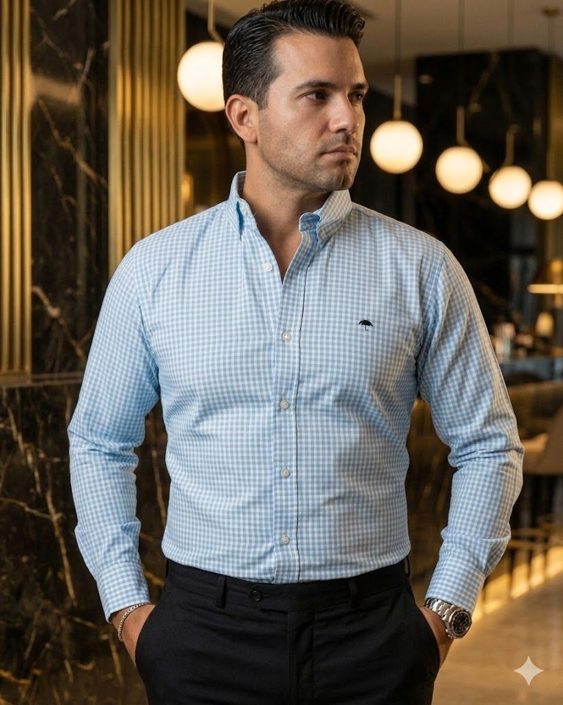 Camisa Hombre Casual Mini Cuadros Azul Blanco
