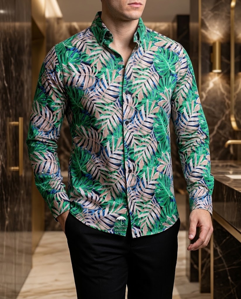 Camisa Hombre Estampado Verde — Green Floral Fit | Moon & Rain