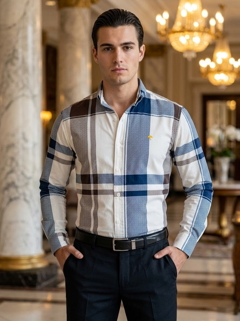 Men's Casual Shirt in White, Blue, and Brown Checks