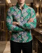 Men's Casual Slim Fit Green Floral Shirt