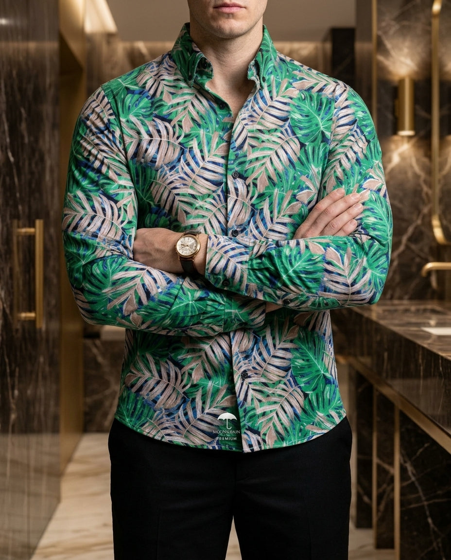 Camisa Hombre Estampado Verde — Green Floral Fit | Moon & Rain