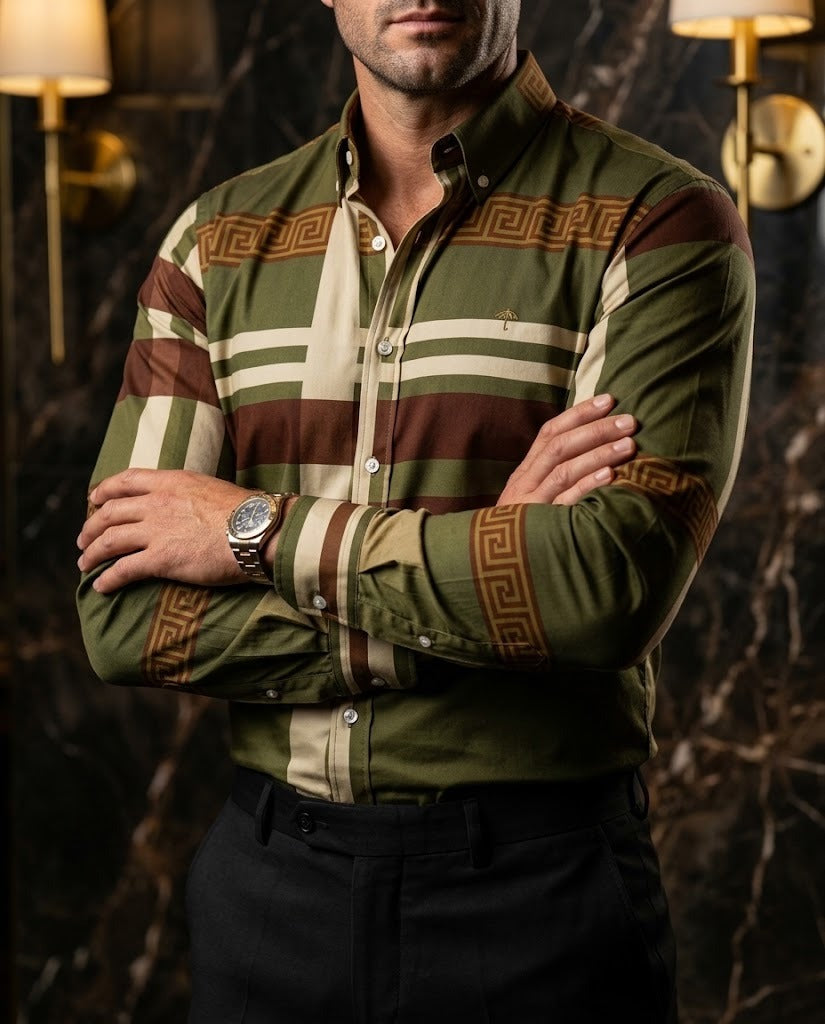Camisa Hombre Estampado Verde — Olive Greek Chocolate | Moon & Rain