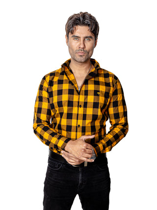 Camisa Hombre Casual Cuadros Negros, Amarilos