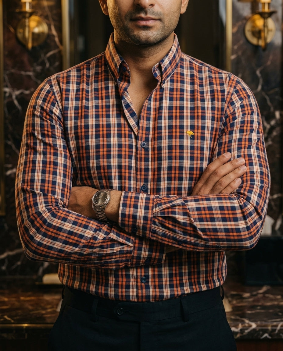 Camisa Hombre Cuadros Blanco Azul Naranja — Tropic Check | Moon & Rain