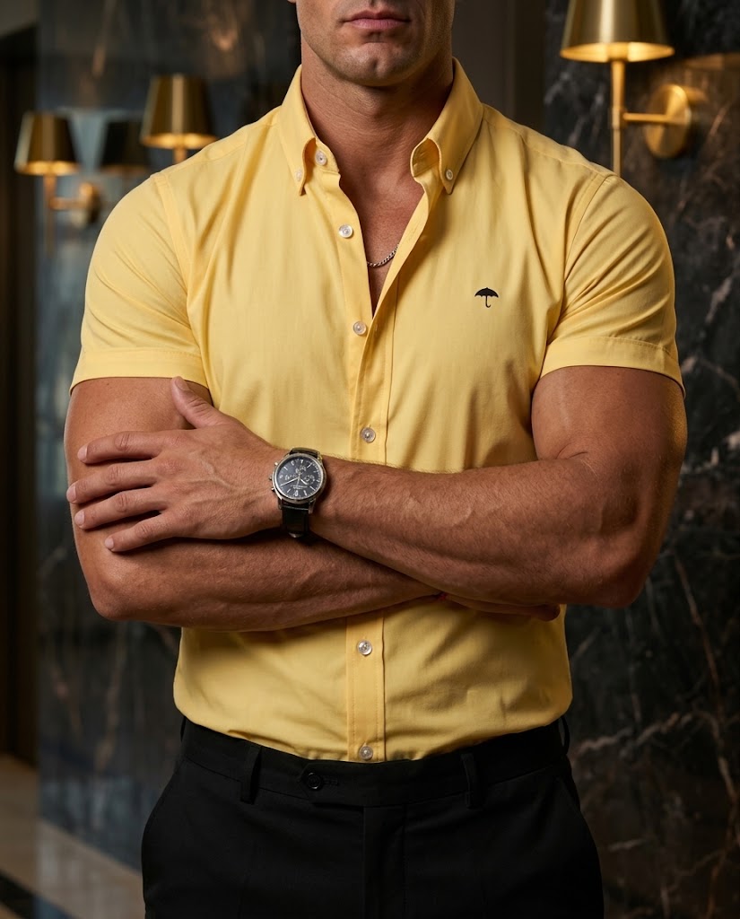 Camisa Hombre Amarillo Manga C orta— Solar Flux | Moon & Rain