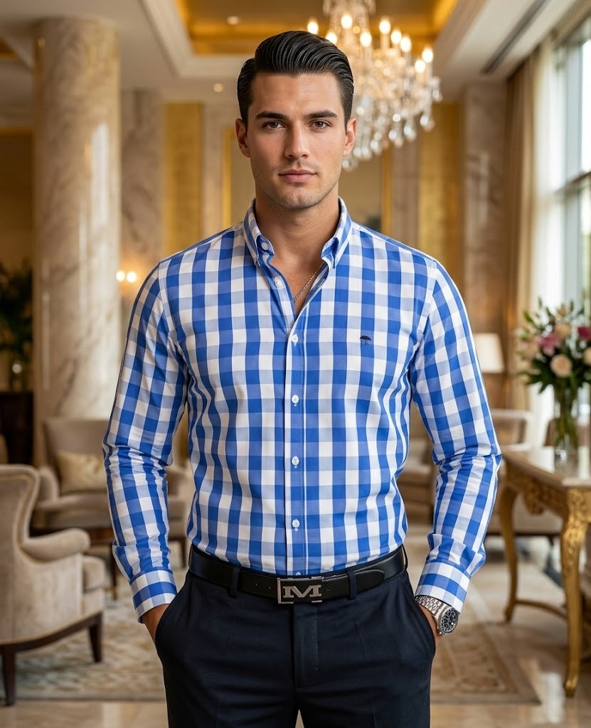 Camisa Hombre Cuadros Blanco Azul Cielo — Sky Check | Moon & Rain