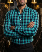 Camisa Hombre Cuadros Negro Azul Turquesa — Teal Check | Moon & Rain