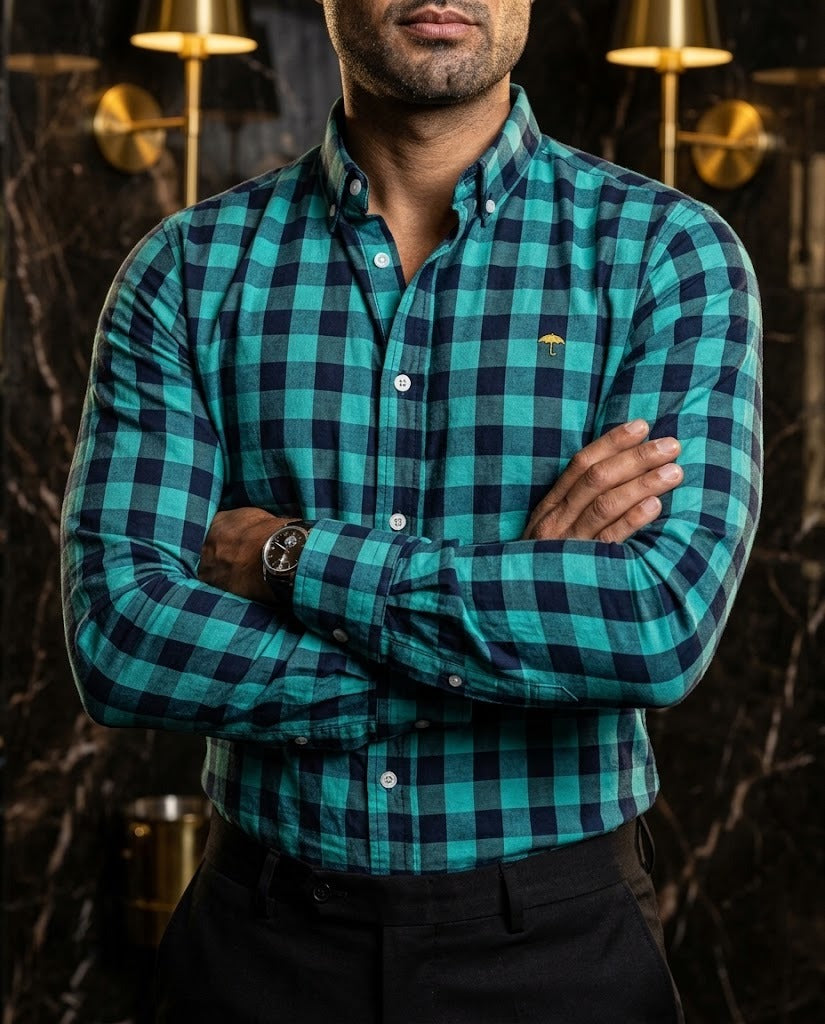 Camisa Hombre Cuadros Negro Azul Turquesa — Teal Check | Moon & Rain