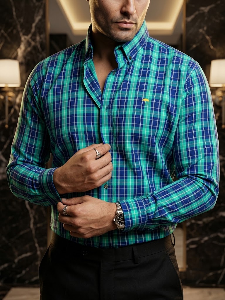 Camisa Hombre Cuadros Azul Verde — Jade Check | Moon & Rain