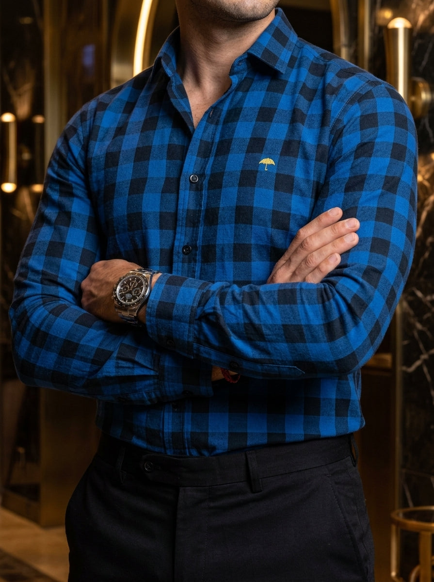 Camisa Hombre Cuadros Negro Azul — Shadow Grid | Moon & Rain