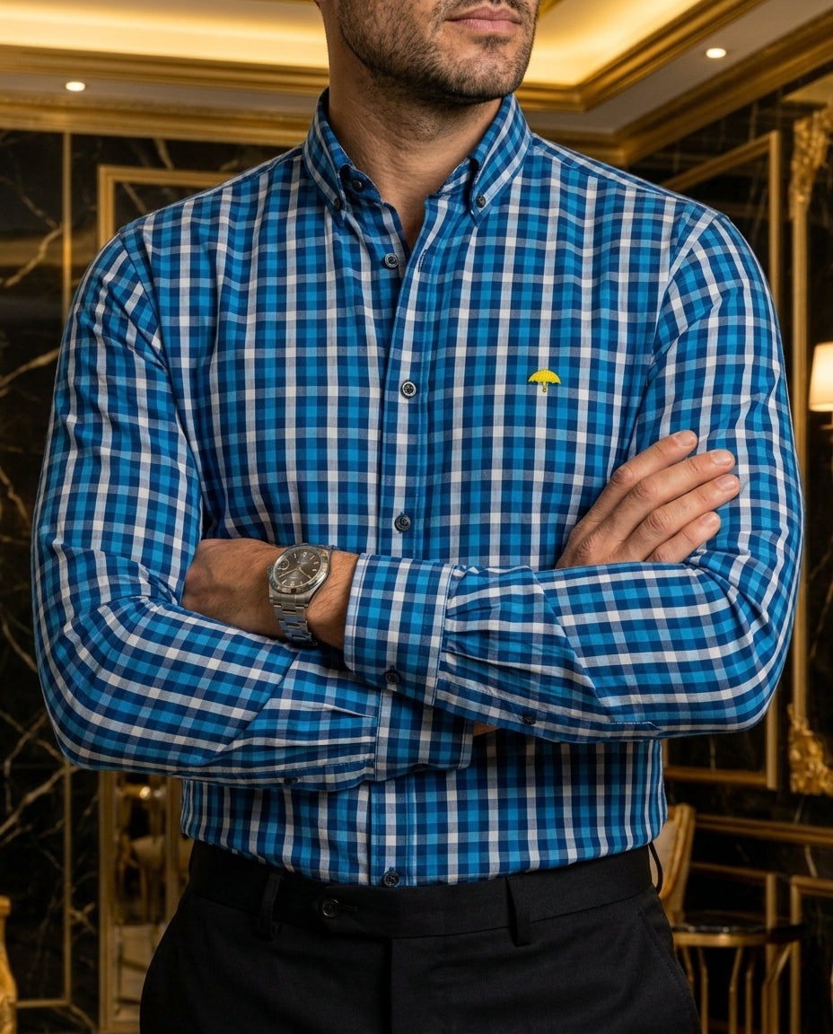 Camisa Hombre Cuadros Azul Gris — Steel Check | Moon & Rain